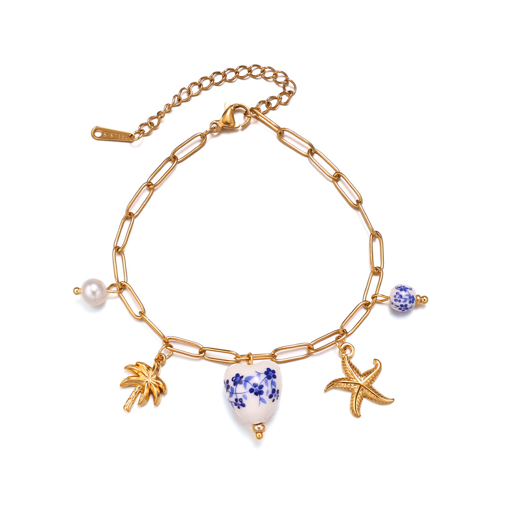 Tena nueva serie océano creativo collar de acero inoxidable pulsera patrón de cerámica árbol de coco perla joyería de concha