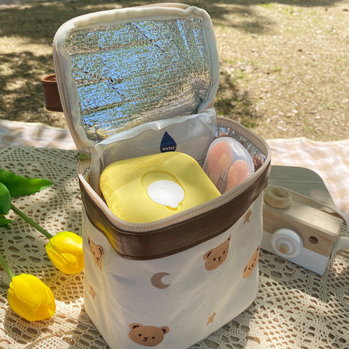 Ins style baby food insulation bag mommy bag embroidered bear children lunch bag portable picnic bag lunch box bag