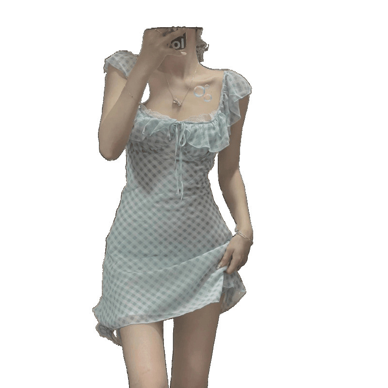 小柄な夏のブルーチェック柄の甘くてスパイシーなドレス女性の新しいウエストレーススカート|undefined