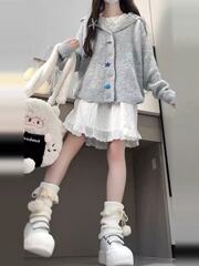 灰色连帽毛衣外套女2025新款早秋季小个子慵懒高级感针织开衫上衣