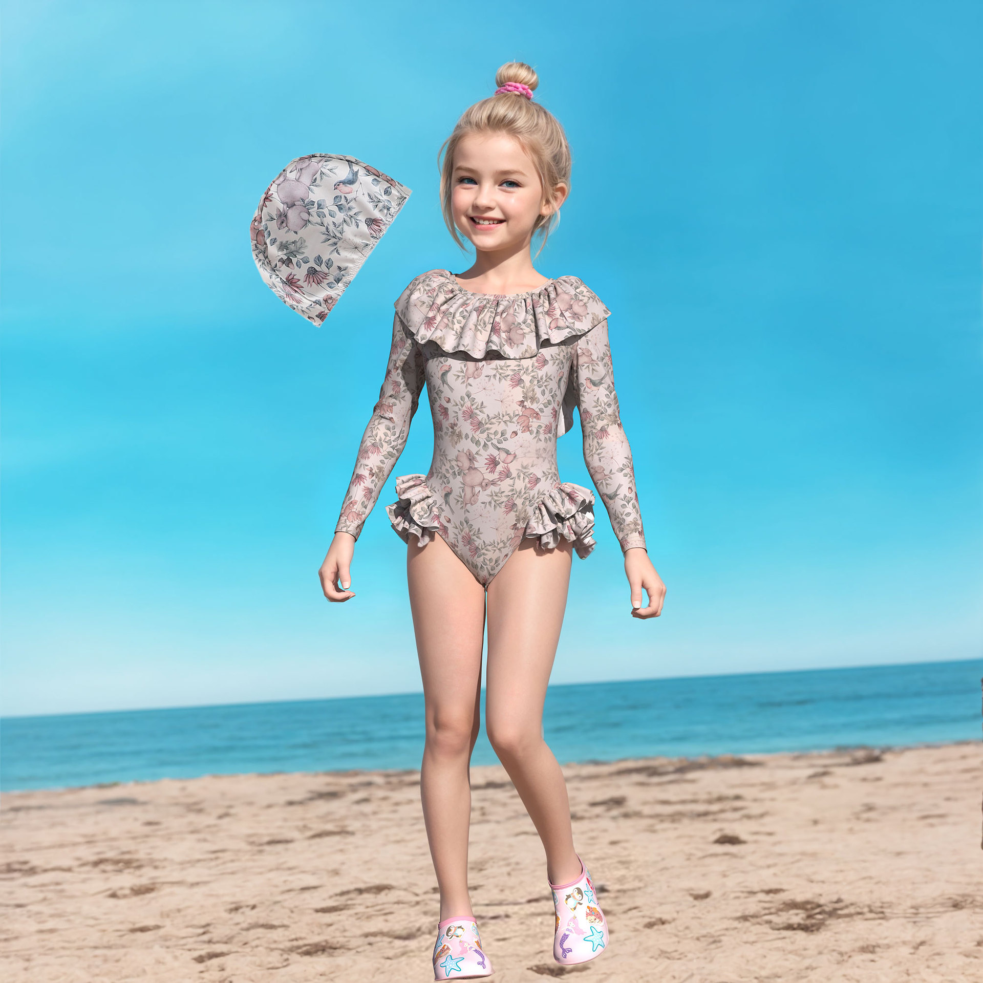 Children's Swimwear Girl Princess Backless Sun-proof Long-sleeved One-piece Swimsuit Girl's Holiday Western Style Sweet Swimsuit Korean