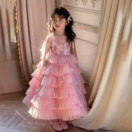 女童礼服连衣裙2026冬宝宝生日吊带蛋糕裙渐变粉色公主儿童礼服裙