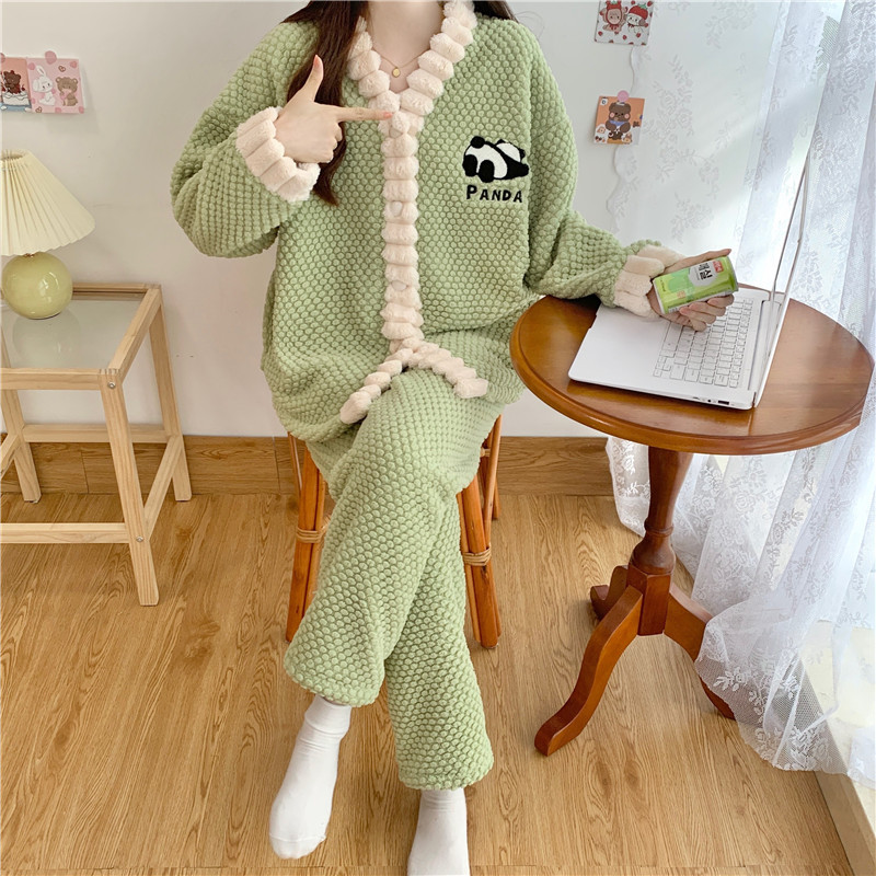 잠옷 여성의 가을 겨울 플란넬 두꺼운 달콤한 귀여운 한국 산호 양털 따뜻한 잠옷 홈 세트