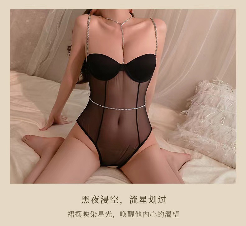 Open-Crotch Backless Bodysuit with Chest Support, Black Polyester One-Size Lingerie — detail image 9
