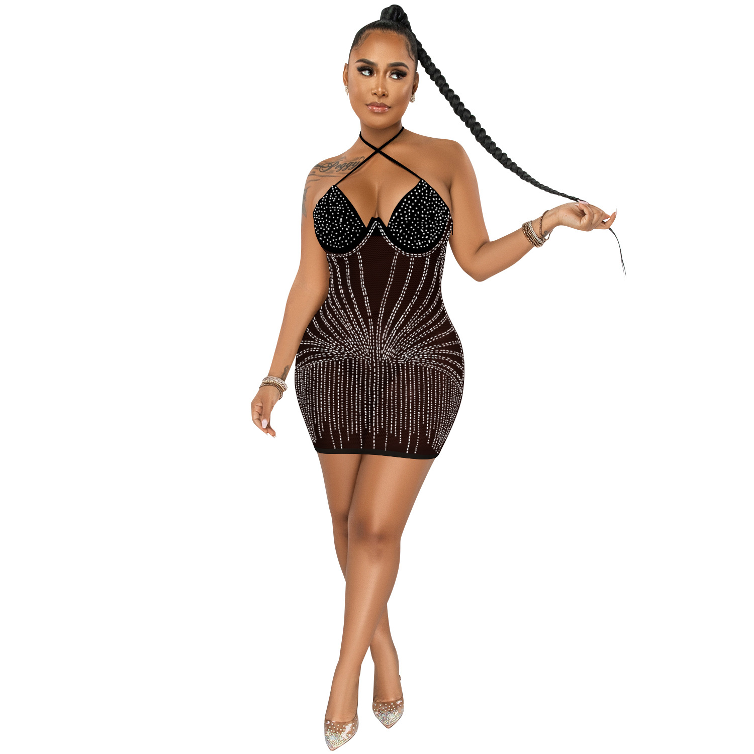X5653 AliExpress Amazon deseo moda sexy Sling envuelto pecho rhinestone malla ver-a través de vestido MIDI vestido