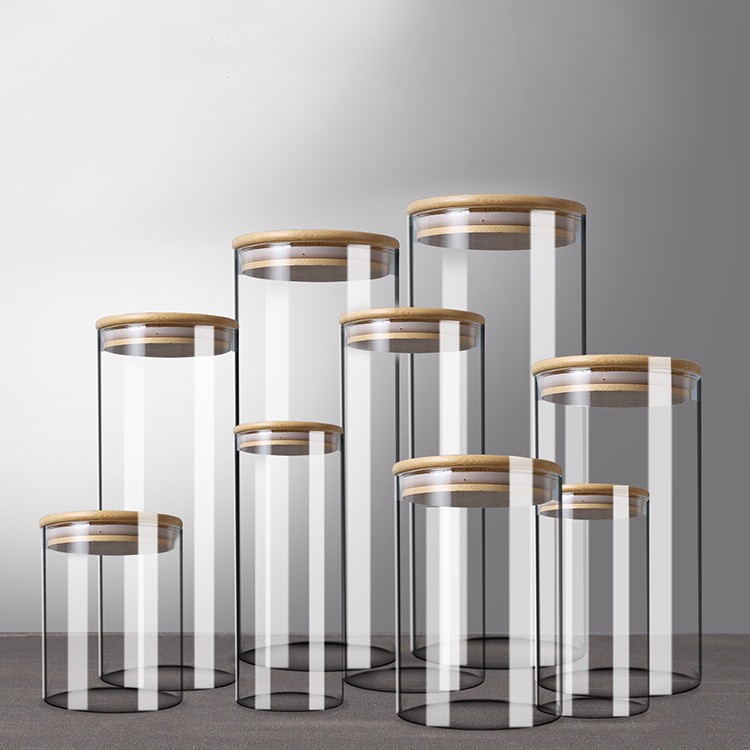 Tanque sellado de vidrio con alto contenido de borosilicato, cocina de grado alimenticio, grano, tanque de almacenamiento de té, tanque de almacenamiento, tapa de bambú, redonda y transparente