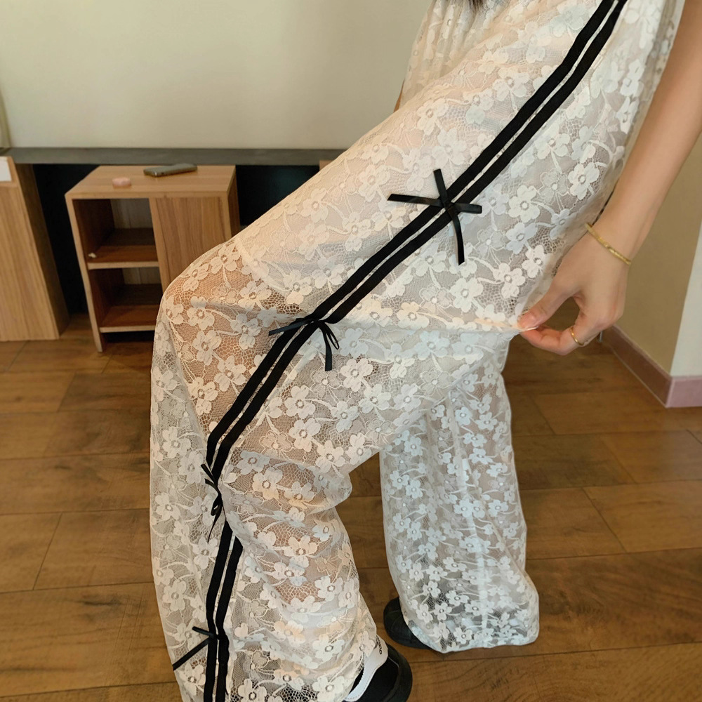 Bow Lace Hollow Casual Pants for Women in Early Autumn with Unique Design, High Waist and Slimming Straight Trousers