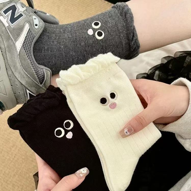 White Socks Women Autumn Winter Soft Mid Tube Socks Korean Cute Cartoon Breathable Sweat-Absorbent Lace Cotton Long Socks