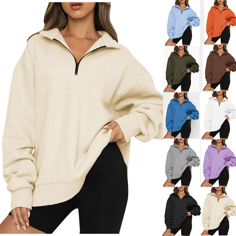 Winter Amazon foreign trade European and American women's new sweater fleece-lined top loose solid color no pocket sweater Winter Amazon foreign trade European and American women's new sweater fleece-lined top loose solid color no pocket sweater