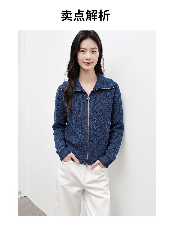 Áo khoác dệt kim nữ màu xanh da trời, dáng cardigan khóa kéo, chất liệu len cừu mềm mại, tay dài — Màu xanh da trời chi tiết 3