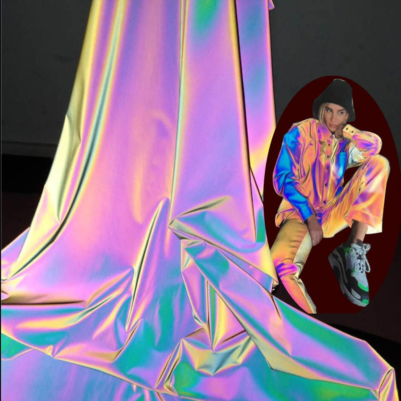幻彩反光化纤布耐水洗時裝运动服用反光面料七彩反光四面弹力布料