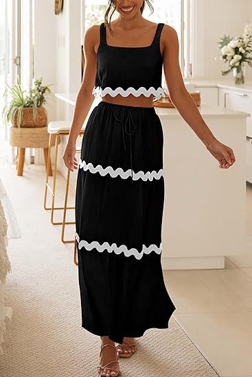Women Clothing Lace Collage Sleeveless Short Vest High Waist Long Skirt Set