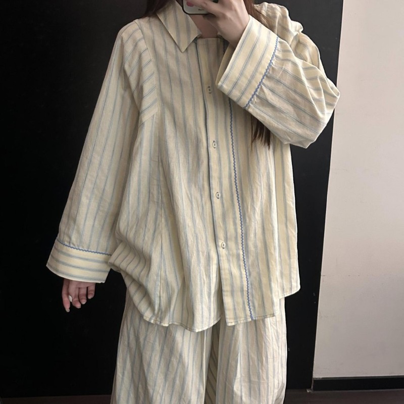 设计感简约休闲条纹睡衣女春秋新款慵懒风长袖长裤家居服可外穿|undefined