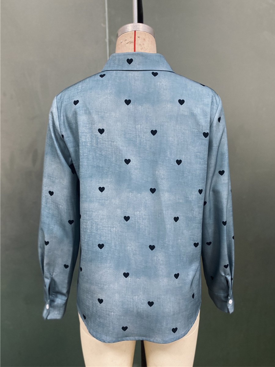 Elegant Long-sleeve Blouse With Polo Collar And Digital Print_voghion.com