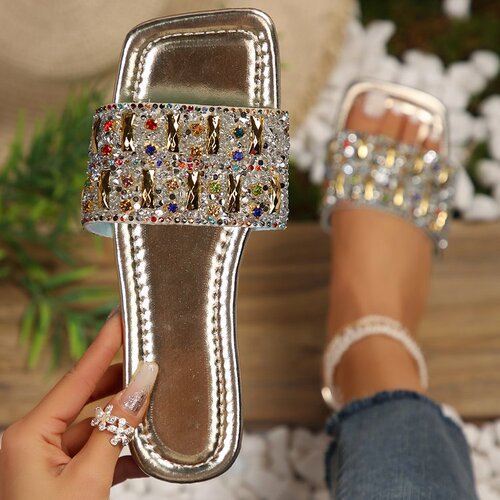 Summer new European and American full diamond flat slippers, women's fashionable sandals, women's outer sandals, beach shoes wholesale