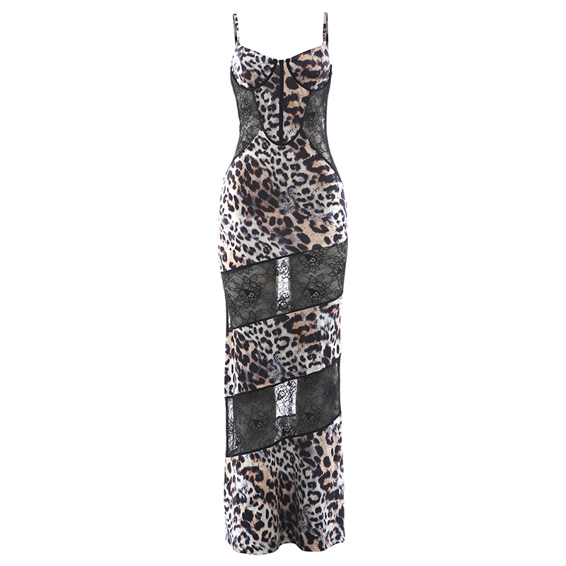 Fashionable Womens Spring Dress Leopard Print Lace Panel Sheer Design Perfect for Parties and Night Out Wholesale