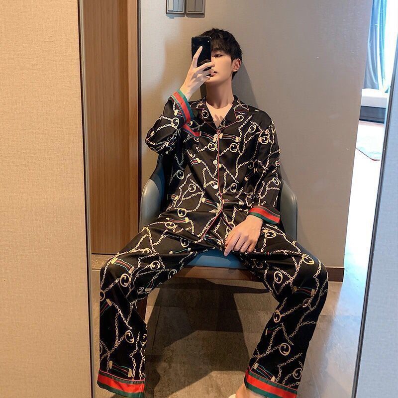 Shanli Dadi Men's Pajamas Ice Silk Spring and Autumn Long Sleeve Trousers Thin Loose Large Size Home Clothes Cartoon Youth