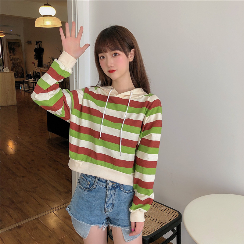 实拍2022秋装新款韩版百搭条纹薄款连帽短款卫衣学生女宽松上衣|ru