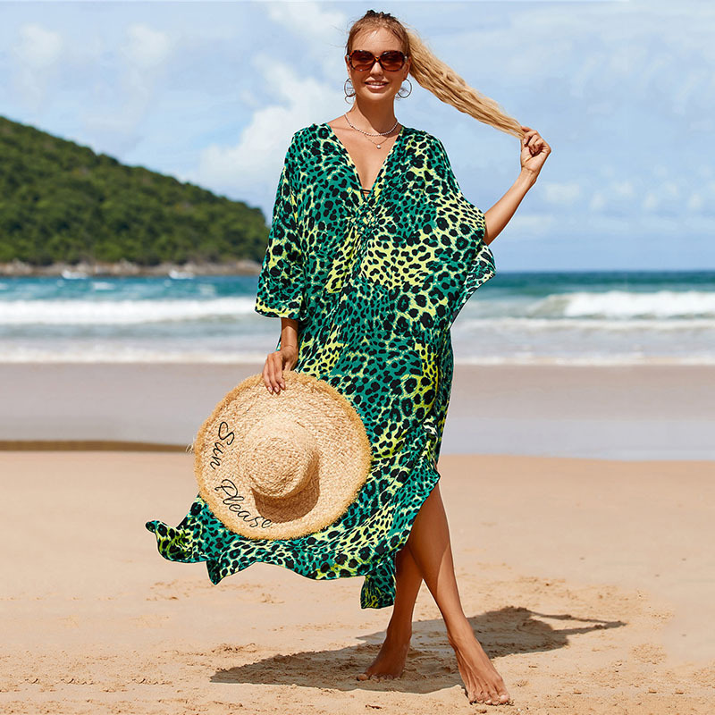 224g Weight Sunscreen Shirt Outerwear Type 3/4 Length Sleeve Sleeve Length Polyester Fabric Type Long Top Length V Neck Neckline Printing, Leopard Pattern Spring&Summer Season Women's Gender Vacation, Beach Style Women's Printing Leopard Vacation Beach Cover Ups 109