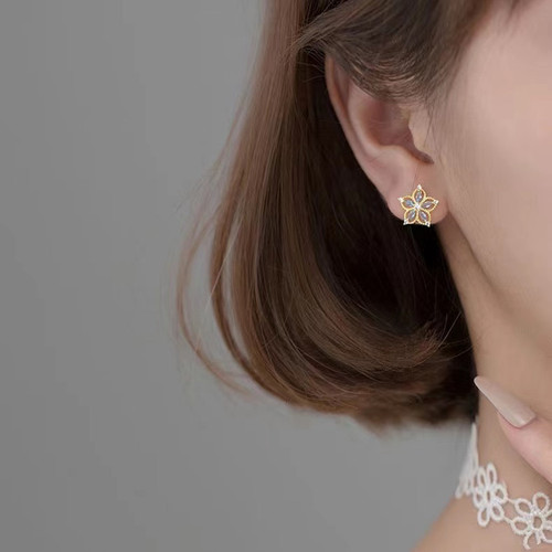 S925 sterling silver plated with 14k gold light blue orchid zircon earrings flower shape hollow versatile exquisite earrings for women