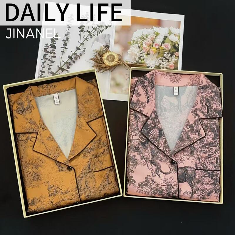 Loess Plateau Luxurious Ice Silk Women's Pajamas Animal Forest Long-Sleeved Long Pants Loungewear Set Soft and Comfortable