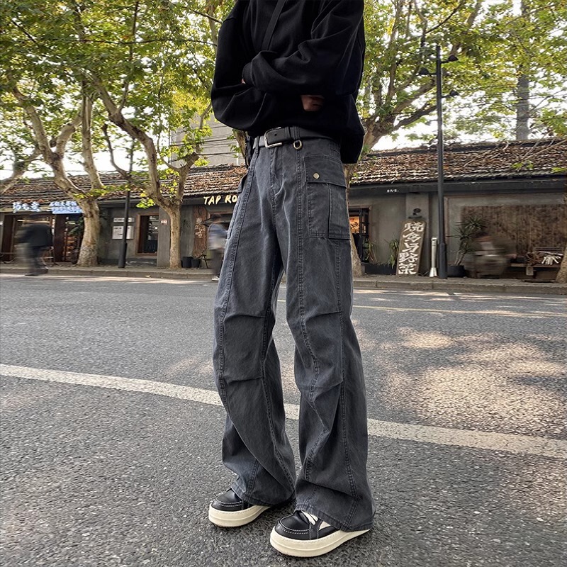 American Style High Street Pleated Design Sense Tooling Jeans Men's Spring and Autumn Fashionable Casual Loose Straight Long Pants