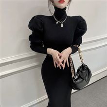 针织打底连衣裙女内搭秋冬季新款高领开叉中长款气质毛衣长裙过膝