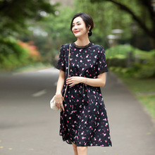 90373 真丝连衣裙水果印花收腰拼欧根纱真丝连衣裙