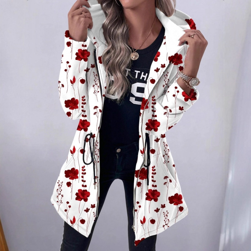 Women's Mid-Length Zippered Hoodie With Printed Long Sleeves And Hood_ecoleips.com
