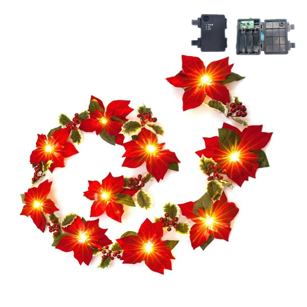 Navidad flor roja poinsettia Cadena de luz imitación terciopelo flor Amazon Garland decoración impermeable caja de batería