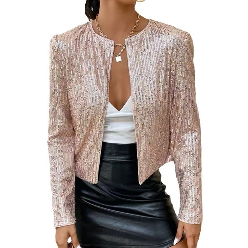 280g Weight Casual Jacket Outerwear Type Long Sleeve Sleeve Length Polyester Fabric Type Regular Top Length Coat Tops Type Holiday, Party Occasion Round Neck Neckline Slim Fit Type Solid Color Pattern Spring, Autumn Season Women's Gender Sequins Design Streetwear Style Women's Streetwear Solid Color Sequins Coat Casual Jacket 16