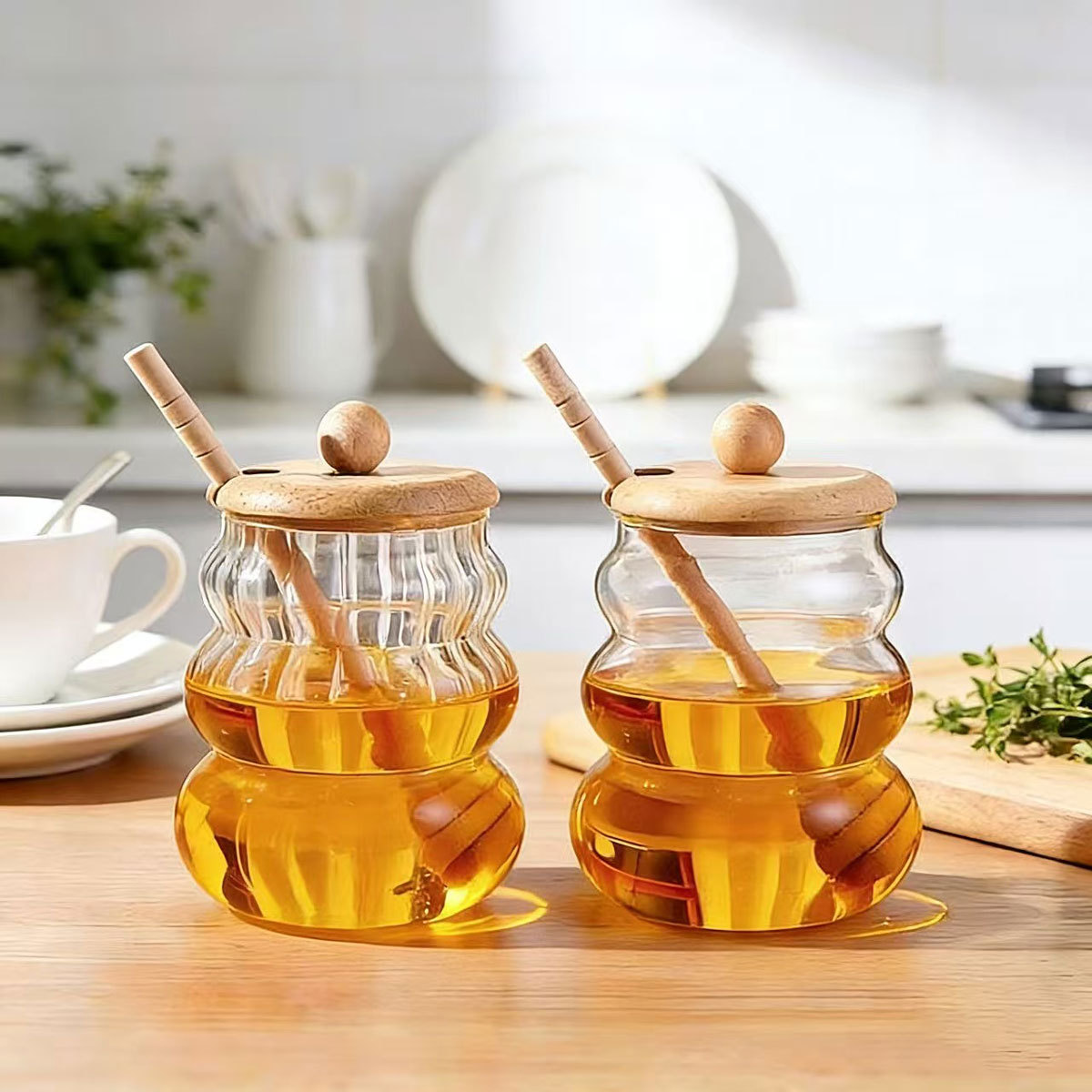 tanque de sellado de vidrio de alto borosilicato de bambú cubierta con barra de agitación tanque de almacenamiento de miel transparente almacenamiento doméstico de alto valor facial