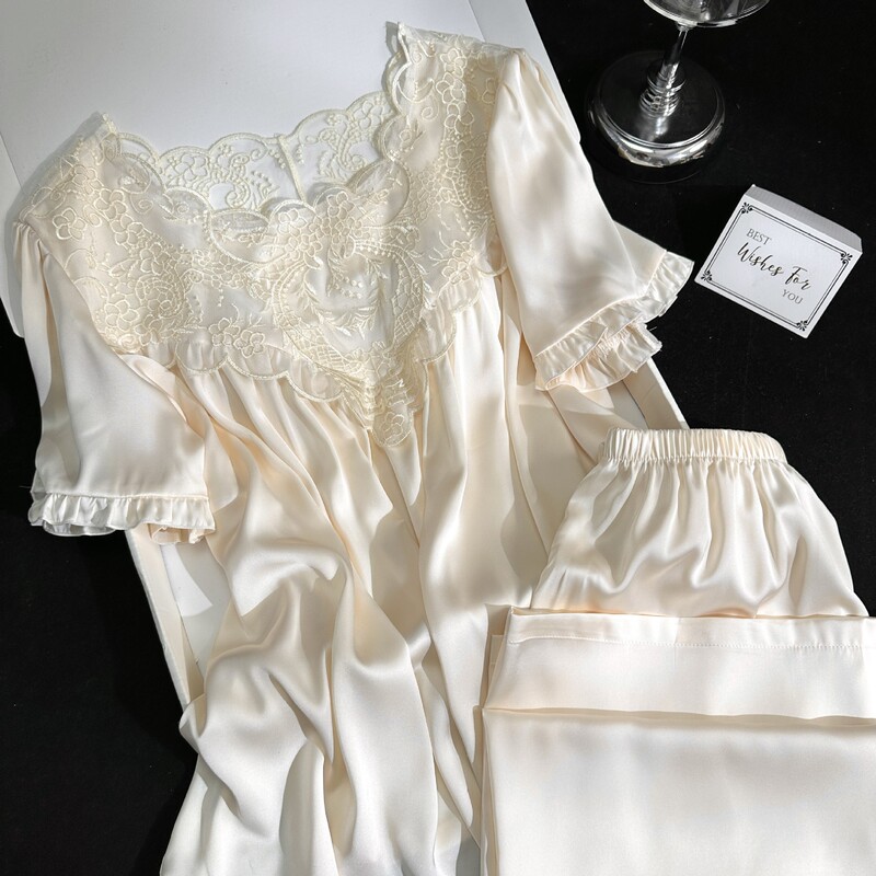 French Court-Style Lace Ice Silk Short-Sleeve Shorts Pajamas, Elegant Backless Trendy Homewear That Can Be Worn Outside French Court-Style Lace Ice Silk Short-Sleeve Shorts Pajamas, Elegant Backless Trendy Homewear That Can Be Worn Outside