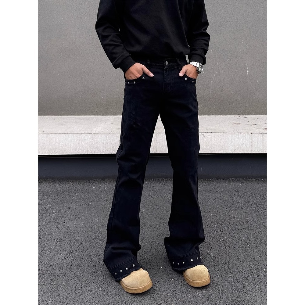 Retro Patchwork Streetwear Jeans Grey Black Men's Distressed Denim Button Fly Slight Flare_voghion.com