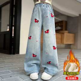 女童加绒牛仔裤冬装新款儿童刺绣阔腿裤中大童女孩加厚外穿直筒裤