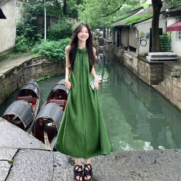 프랑스 스타일 게으른 스타일 녹색 목 어깨 원피스 어린이 여름 2025 새로운 하이 엔드 홀리데이 비치 롱 원피스