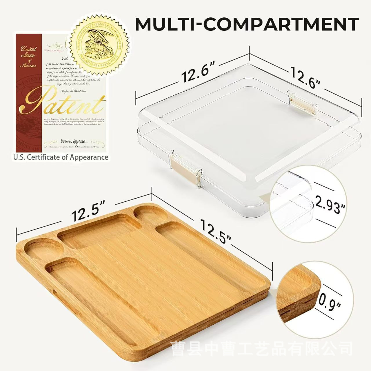 bandeja dividida de bambú con cubierta acrílica transparente formato dividido para fiesta doméstica pasteles bandeja de frutas y bocadillos