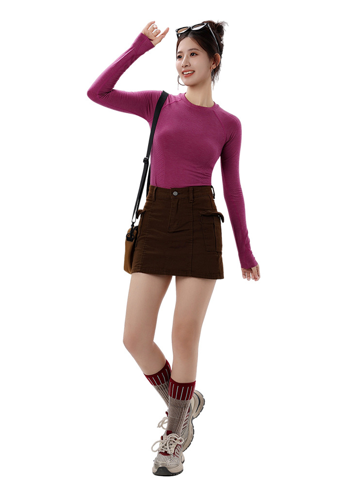 TENSI MELINO lana leggings de manga larga de cuello redondo caliente pulgar botón ropa de yoga con manga larga delgada blusa