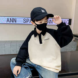 天才鲸儿童卫衣秋冬新款男童洋气撞色翻领中大童加绒上衣童装批发