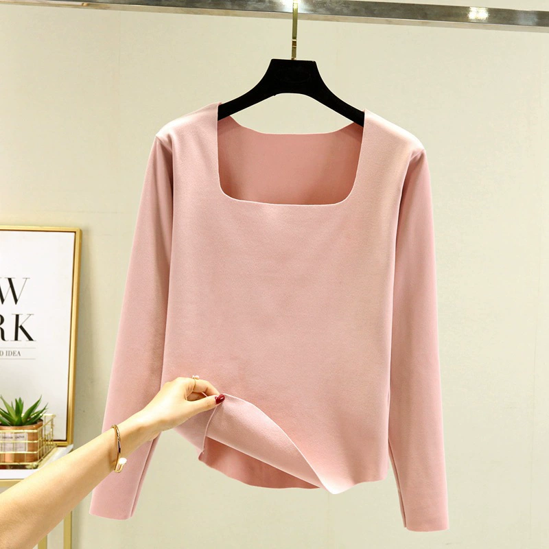 Демисезонная бархатная приятная к телу длинная футболка с длинным рукавом, флисовая тёплая, приталенная, квадратный вырез, корейский стиль