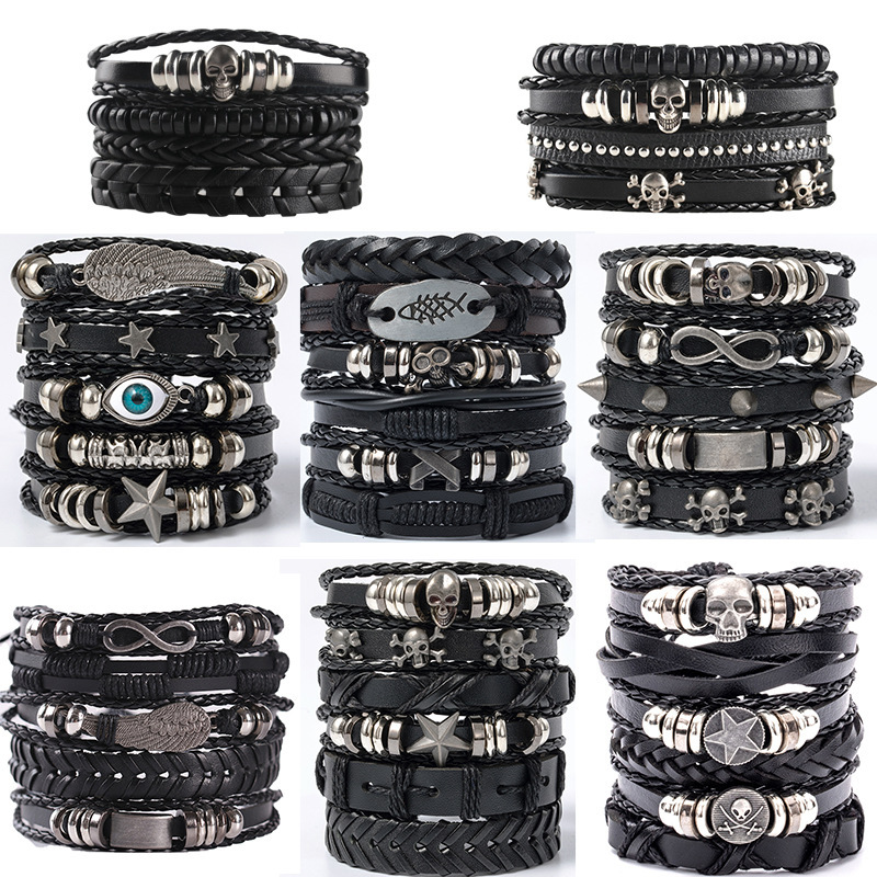 Cross-Border Men's DIY Woven Suit Leather Bracelet European and American Best-Selling Skull Beaded Punk Style Combination Hand Jewelry