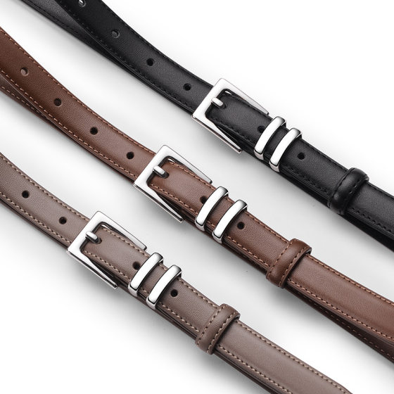 Tiktok popular women's belt fashion belt Black Belt thin silver buckle leather belt decorative jeans belt