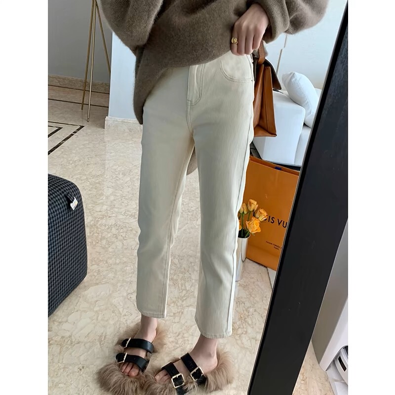 Pregnant Women's Small Straight Jeans Autumn Outer Wear Rice apricot Smoke Tube Pants High Elastic Slimming Pants Belly-supporting Cropped Pants Autumn Pregnant Women's Small Straight Jeans Autumn Outer Wear Rice apricot Smoke Tube Pants High Elastic Slimming Pants Belly-supporting Cropped Pants Autumn