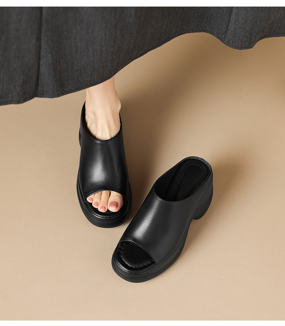 Sandal cao gót nữ đế dày 8,5 cm quai ngang da bò — đen chi tiết 8