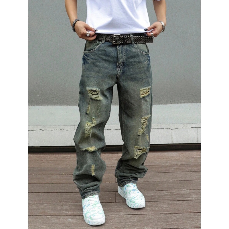 Cross-Border Export New Style Denim Distressed Ripped Jeans Mid-Waist Full Length Straight Leg Pants