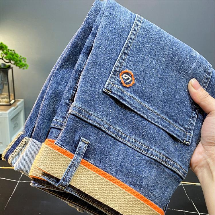 2024 new light blue cropped jeans for men in spring, slightly loose slim fit, small ankle belt, casual long pants_voghion.com