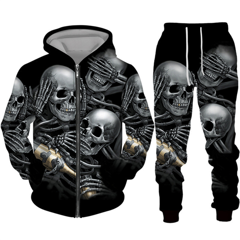 Comercio exterior transfronterizo impresión digital 3D chaqueta con capucha de calavera de terror de dos piezas para hombres europeos y americanos MF08-ML01
