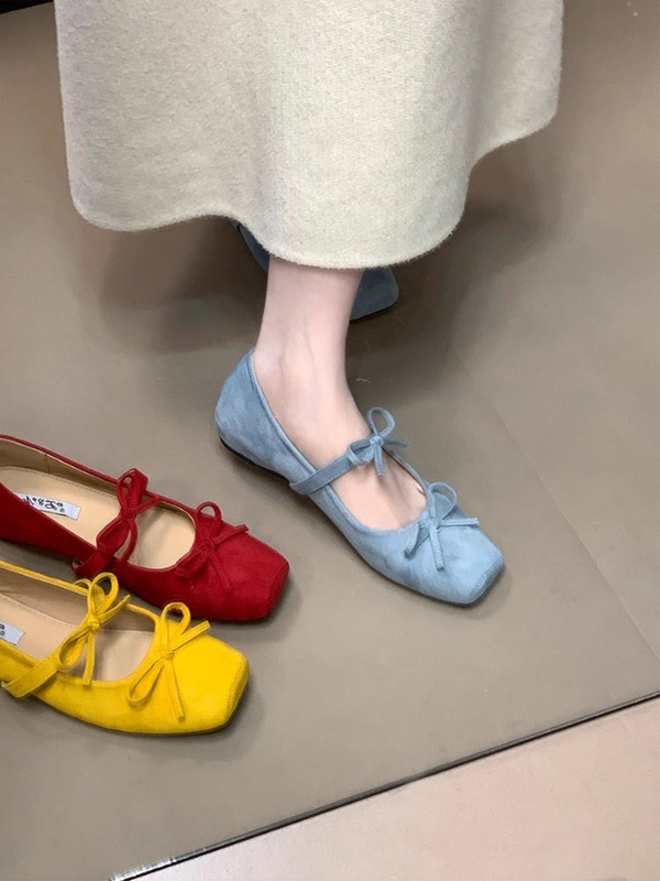Sheepskin version~Square-toe bow ballet flats, gentle French-style Mary Janes with hidden heel, evening shallow pumps