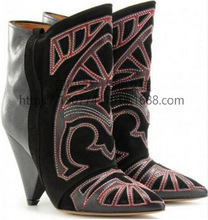 跨境独立站ins时尚走秀激光电绣粗跟尖头短靴女鞋