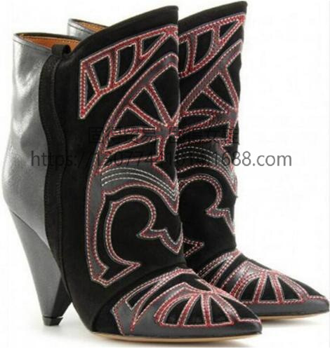 跨境独立站ins时尚走秀激光电绣粗跟尖头短靴女鞋